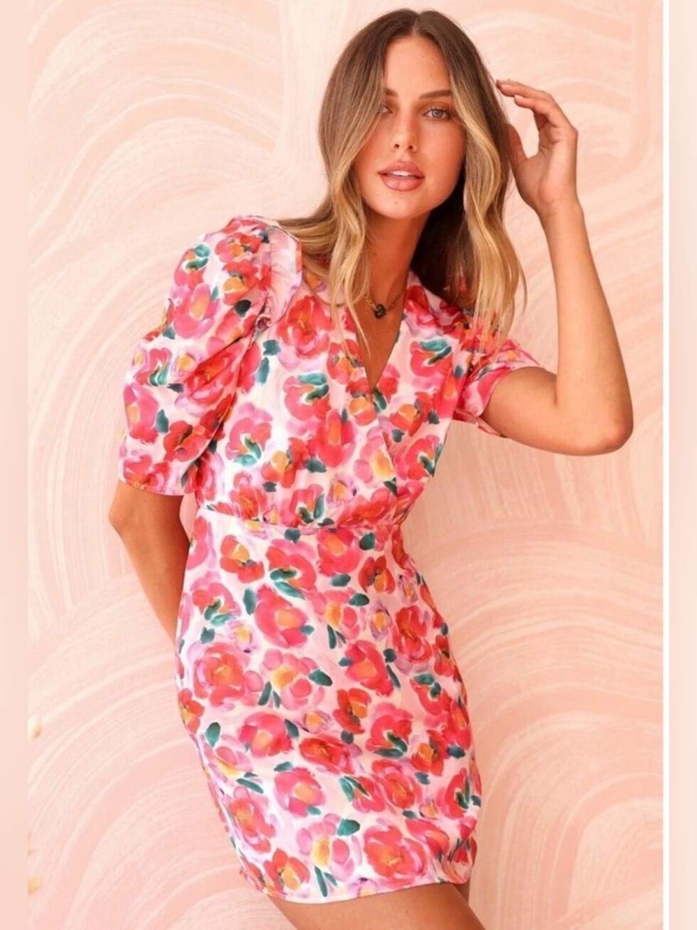 Adelyn Rae Pauline Puff Sleeve Printed Dress Multicolor Pink Floral Size Medium